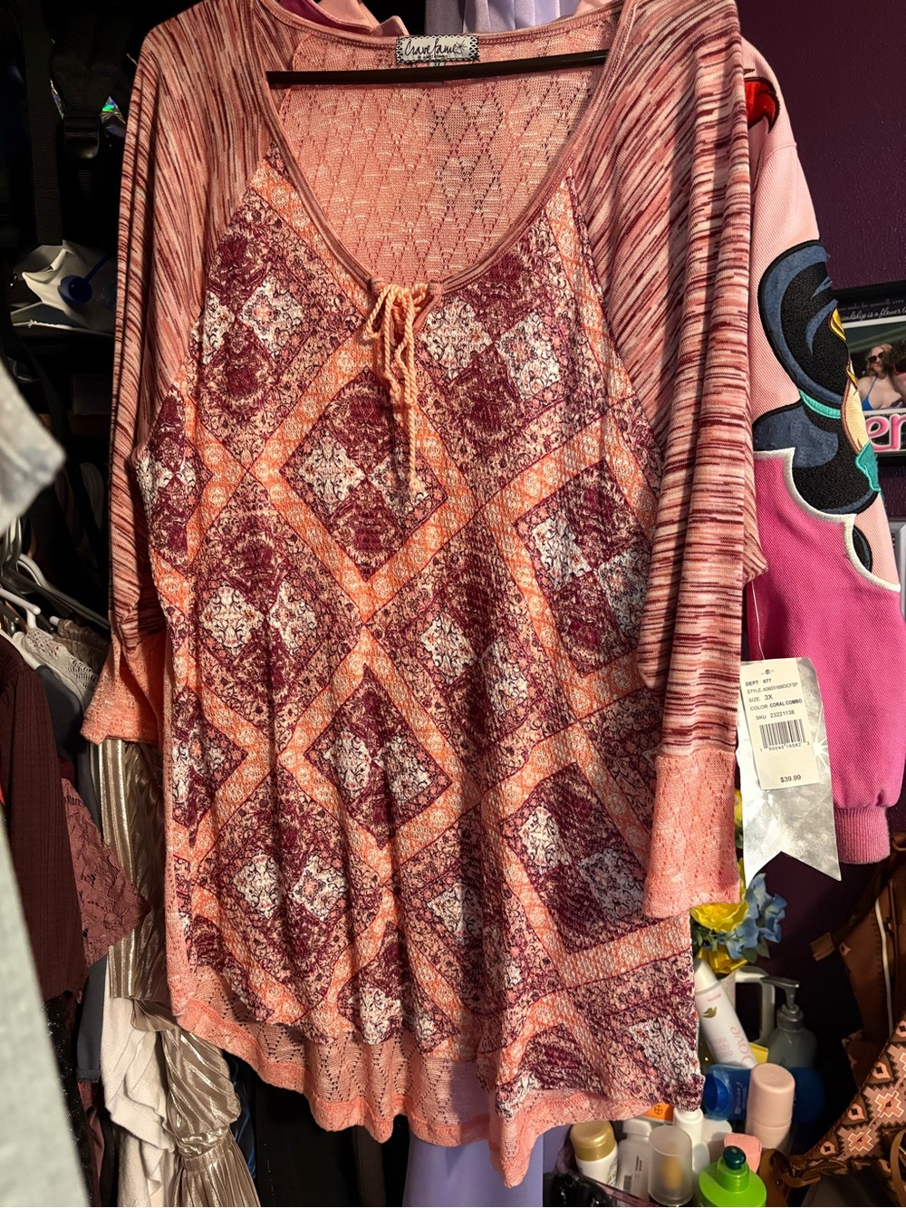 Almost Famous Coral Geometric Print Tunic Top